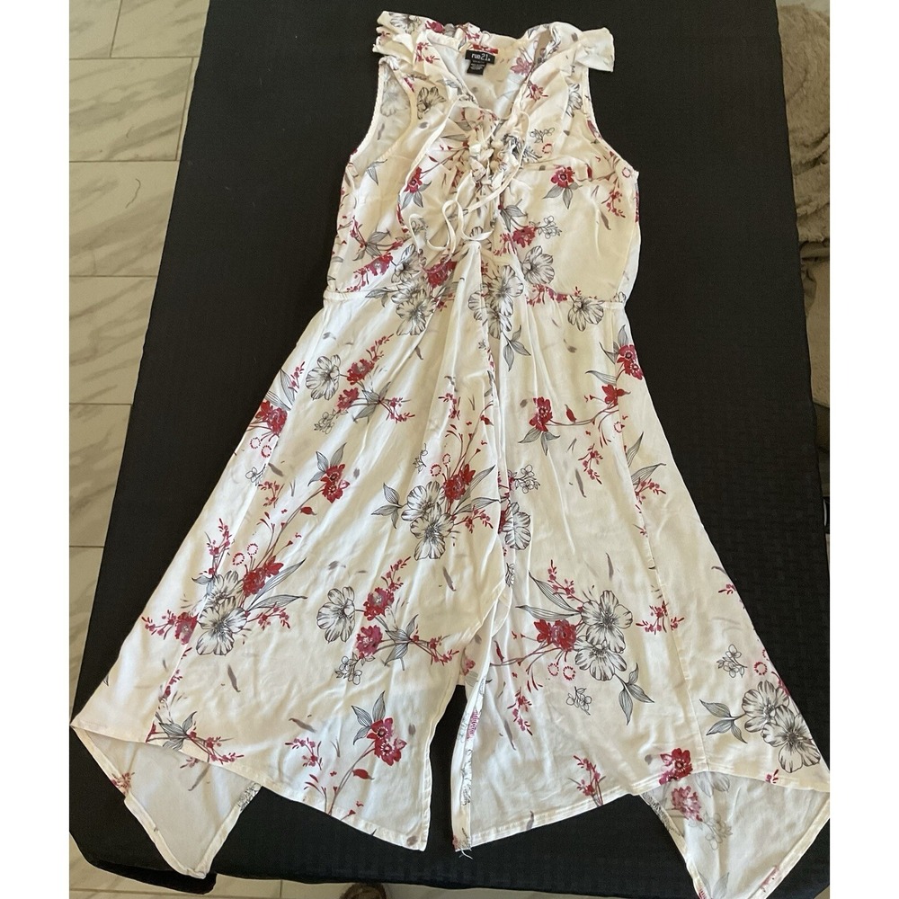 Rue 21 Junior Size L Sleeveless Dress Flowly White w/ Red Floral Spring Summer